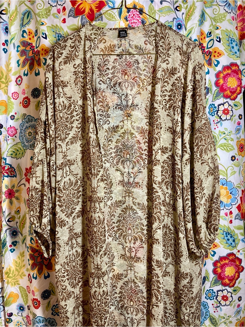 Niay Green and Brown Damask Open Kimono Size L